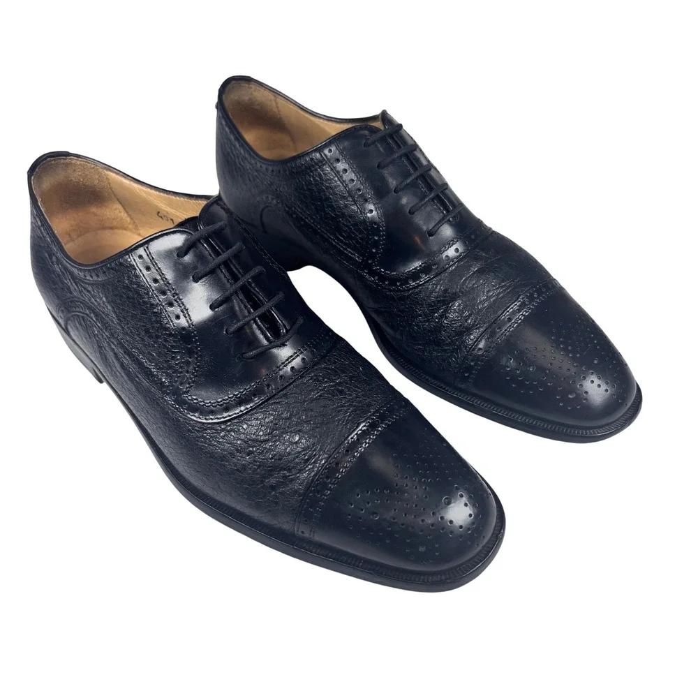 Zelli Oxford Shoes Black Pebble Leather Cap Toe Brogue ITALY Mens‎ 9.5 M